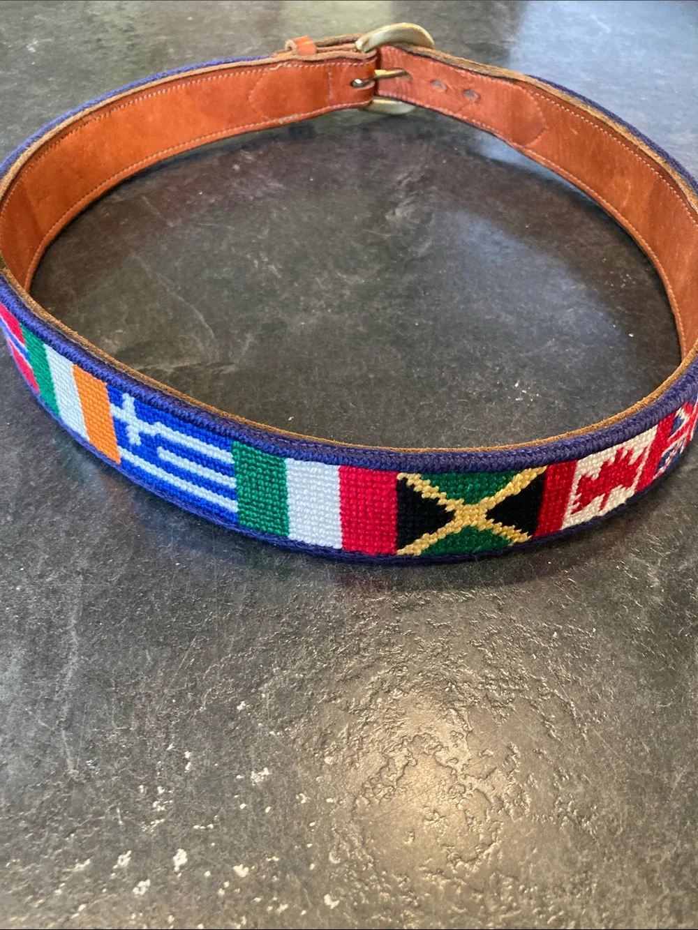 Men Dan Lace PJ Olympic flags needlepoint leather belt size 32